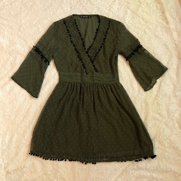Zara olive Pom Pom Swiss dot vneck mini dress - Picture 2 of 11